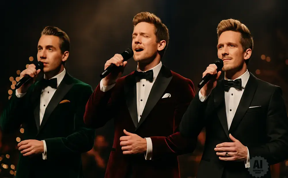 Three men in formal wear sing into microphones on a stage with festive lights.