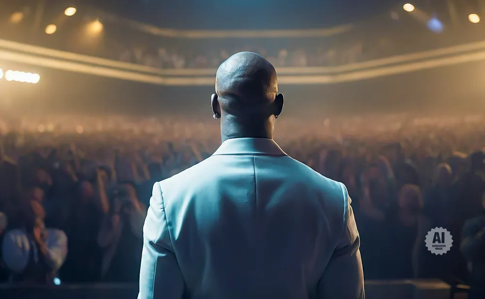 A man in a suit faces a large, dimly lit audience.