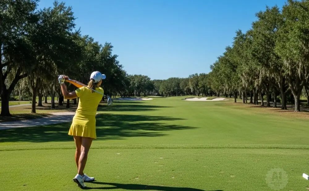 Woman in yellow skirt and shirt swings golf club on a sunny day at a golf course.