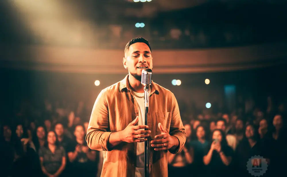 A man sings into a vintage microphone on a dimly lit stage, with an audience blurred in the background.