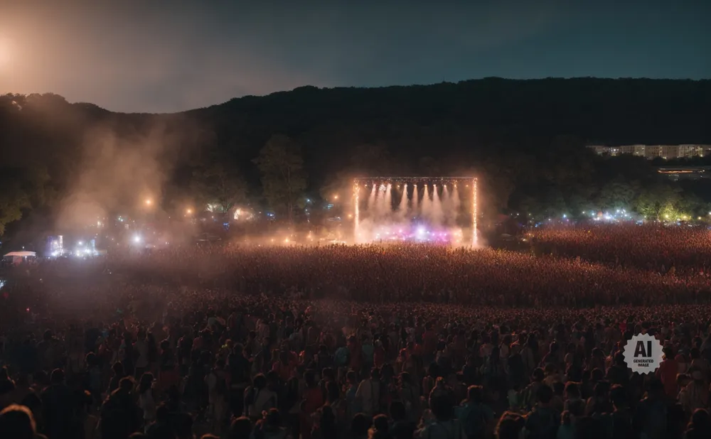 Crowd gathered at a nighttime outdoor concert, with a brightly lit stage and smoke effects.