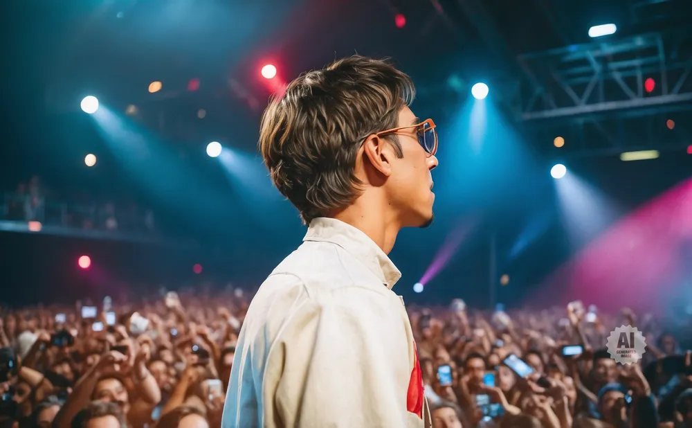 A man in sunglasses stands on a stage before a cheering crowd at a concert, bathed in blue and pink stage lights.
