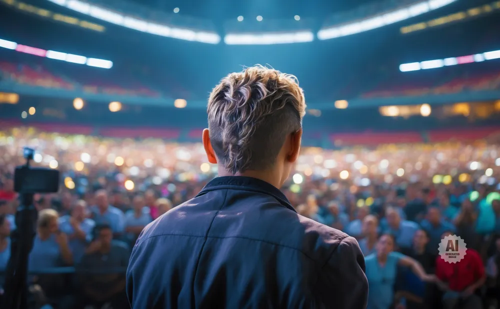 A person with a mohawk faces a large, blurred audience in a stadium.