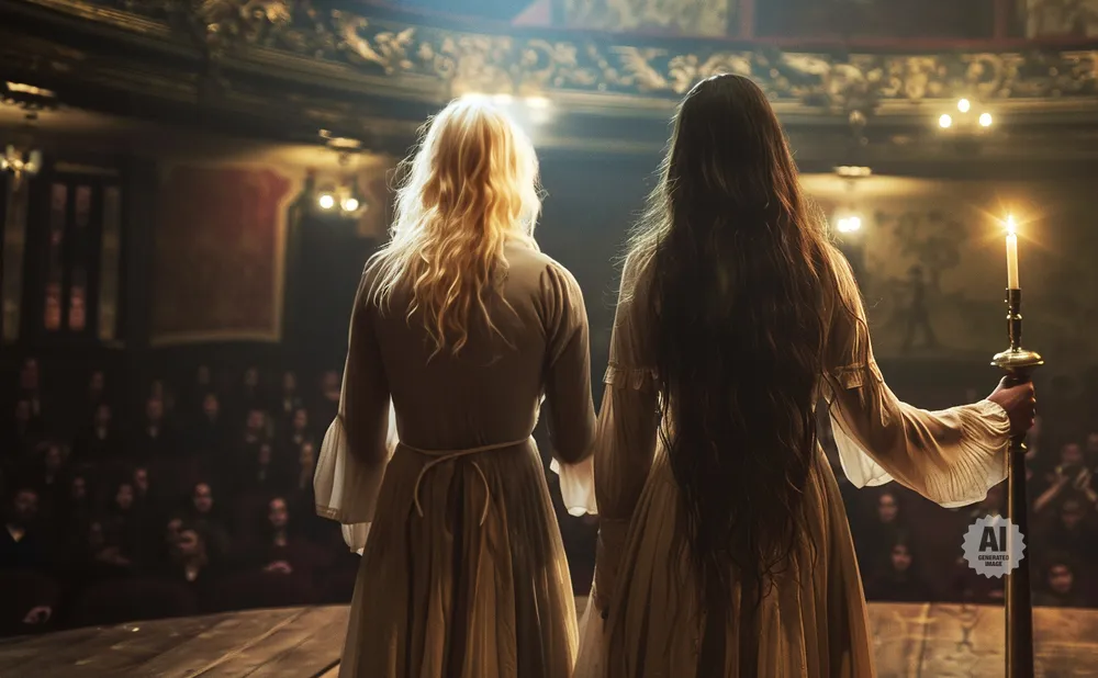 Two women on a stage in front of an audience, one holding a candle.