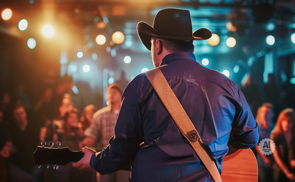 A man in a cowboy hat plays guitar on stage in front of a blurred audience.