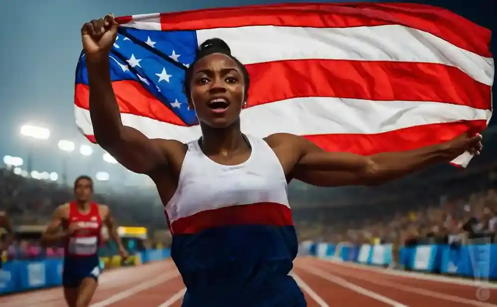 A Black female runner celebrates with an American flag after a race.