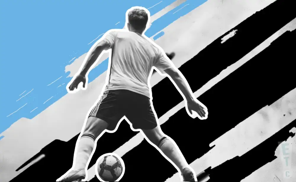 A soccer player in a white jersey and black shorts kicks a soccer ball, with a blue and black graphic background.