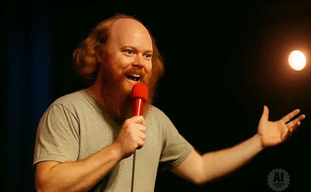 A bald man with a red beard laughs into a red microphone on stage.