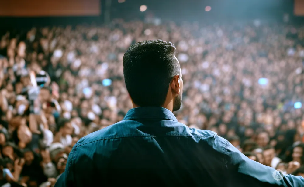 Man in blue shirt on stage addresses a large, blurred audience under bright lights.