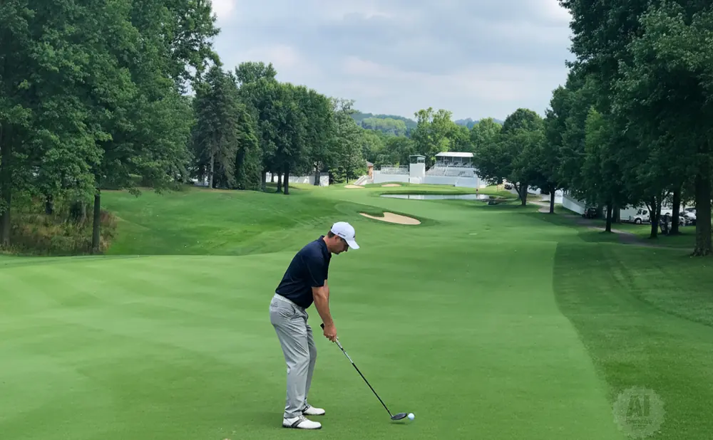 Golfer in blue shirt and grey pants tees off on a green golf course with trees and grandstands.