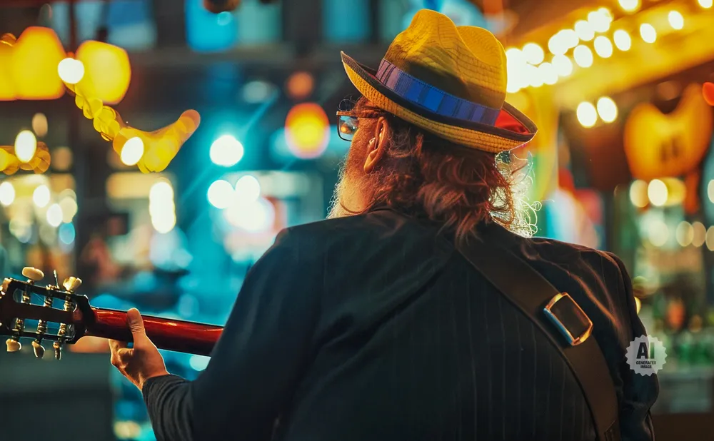 Man in a yellow hat plays guitar on a stage with blurred lights.