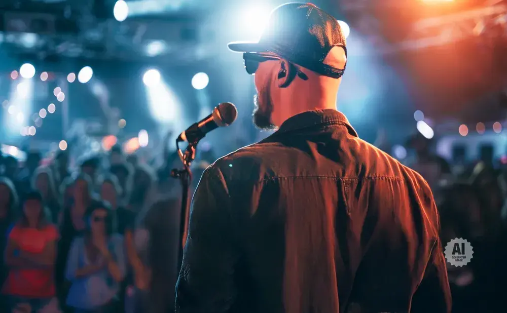 Man in baseball cap and headphones at a concert, facing away from camera, singing into a microphone.