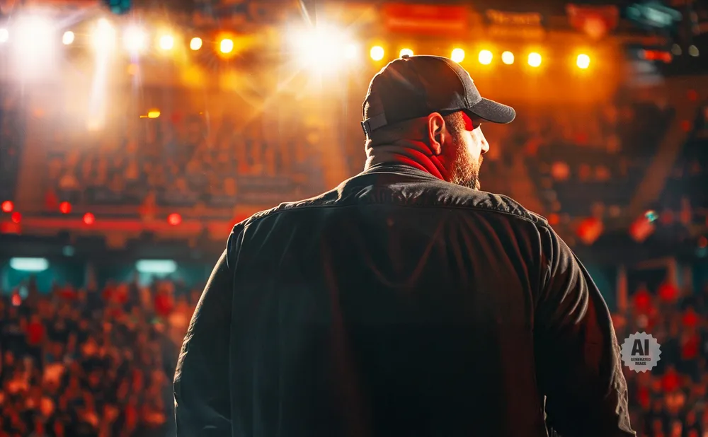 A man in a baseball cap and jacket faces a blurred crowd with bright stage lights behind him.