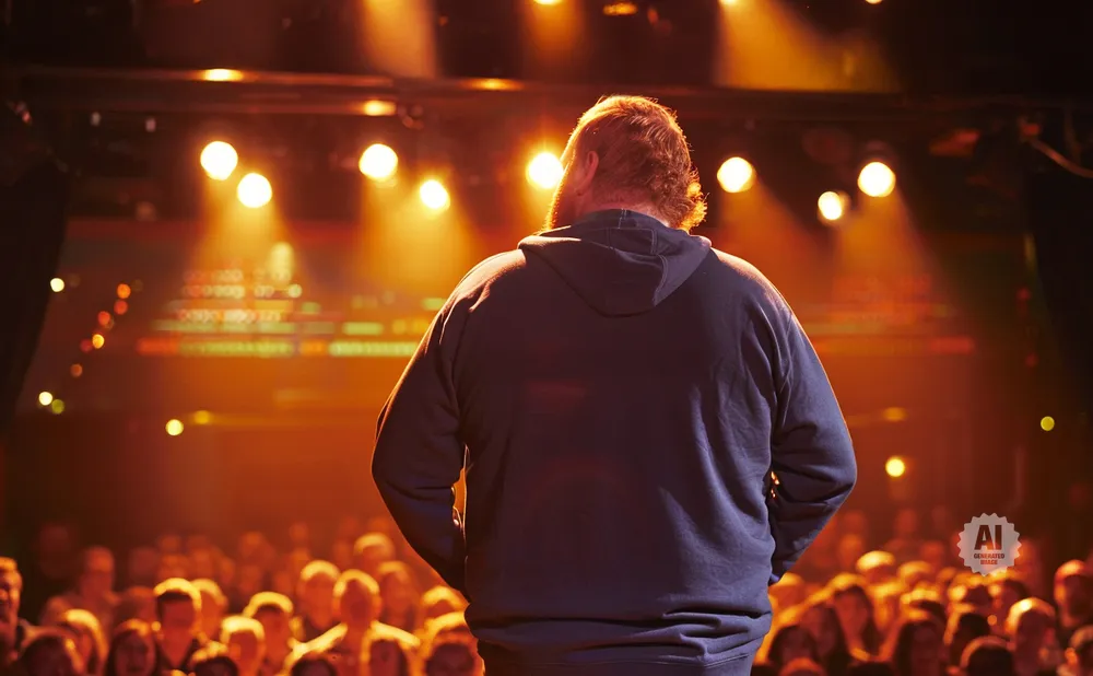 Man with reddish-brown hair and beard faces away from camera on a stage with a crowd in front.