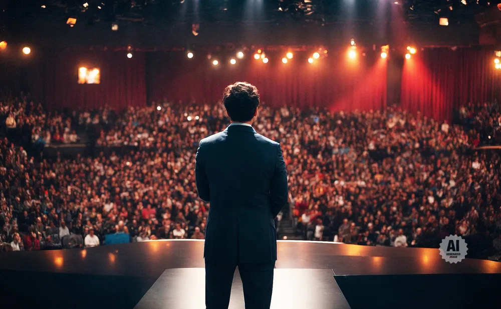 A man in a suit stands on a stage facing a large, cheering audience.