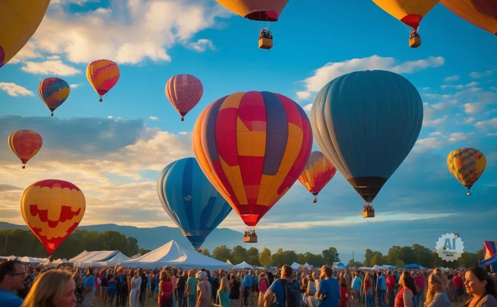 Hot air balloons of various colors float above a crowd gathered at an outdoor event.