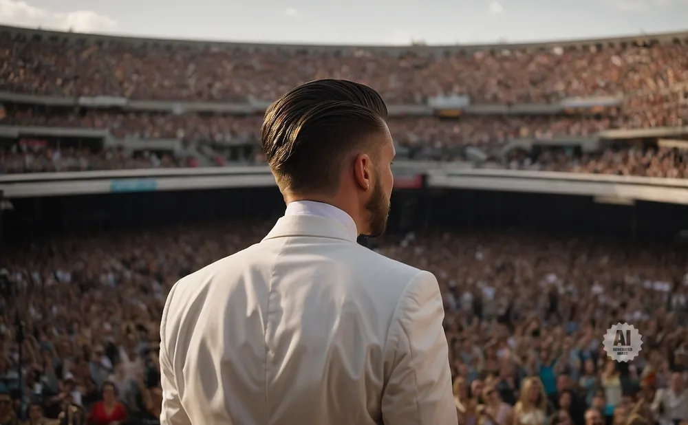 Man in a white suit faces a large stadium crowd.