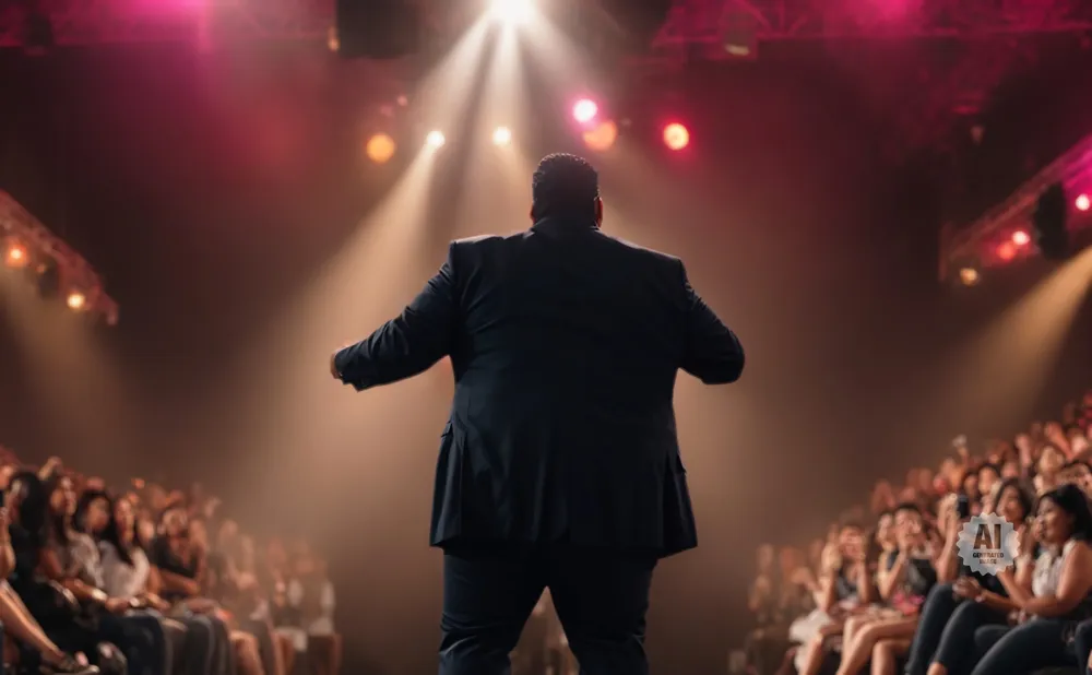 Man in suit on stage with spotlight, facing audience in dimly lit venue.