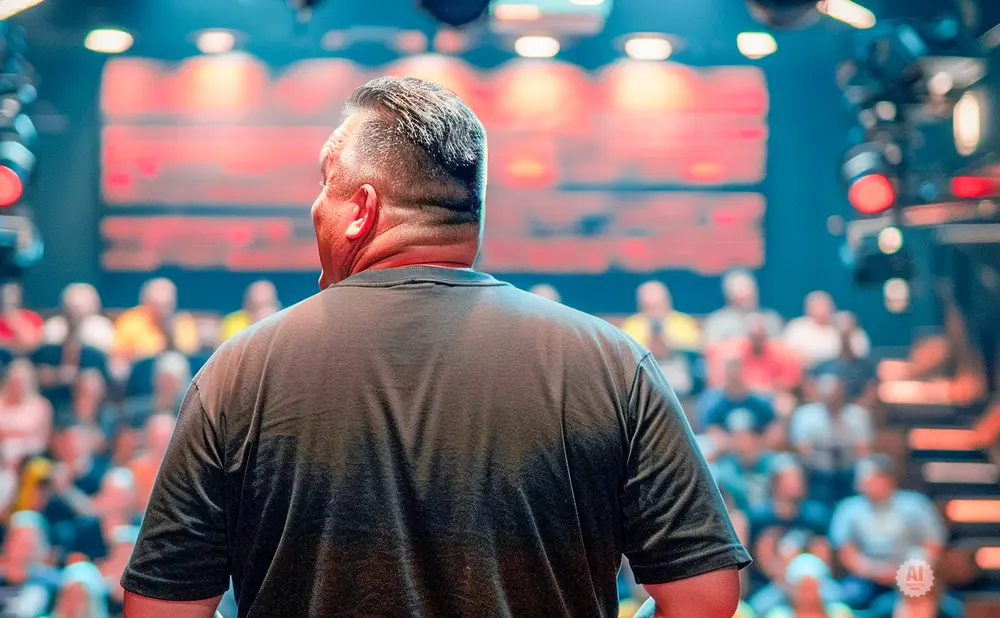 Man in a dark t-shirt seen from behind, facing a brightly lit stage with an audience.