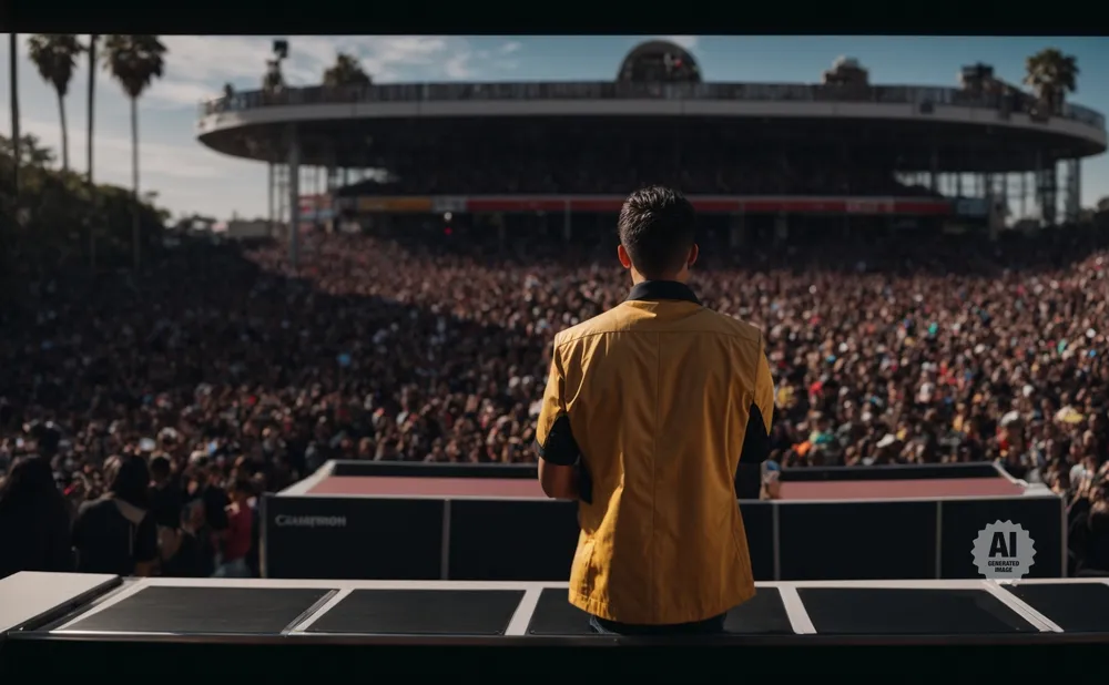 Man in yellow vest facing a huge crowd at a stadium concert.