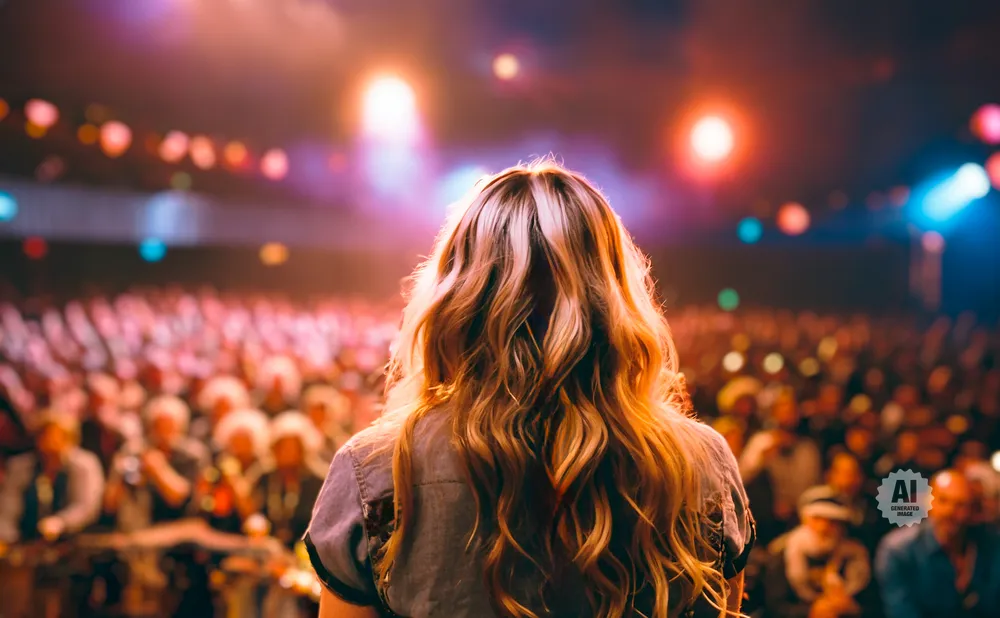 Woman with long blonde hair on stage, facing a large, blurred audience under colorful stage lights.