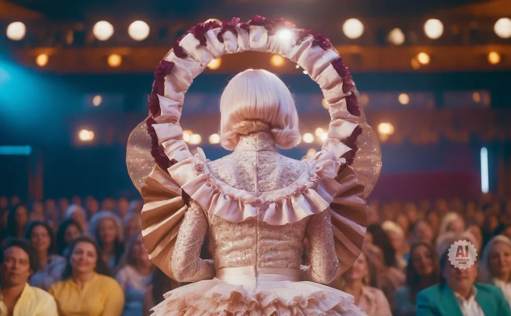 A person in a ruffled, ornate costume stands on stage facing an audience under bright lights.
