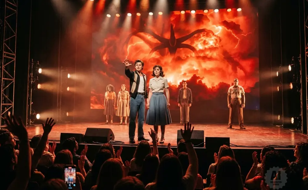 A stage musical performance with actors in period costumes in front of a dramatic screen projection, with an audience in the foreground.