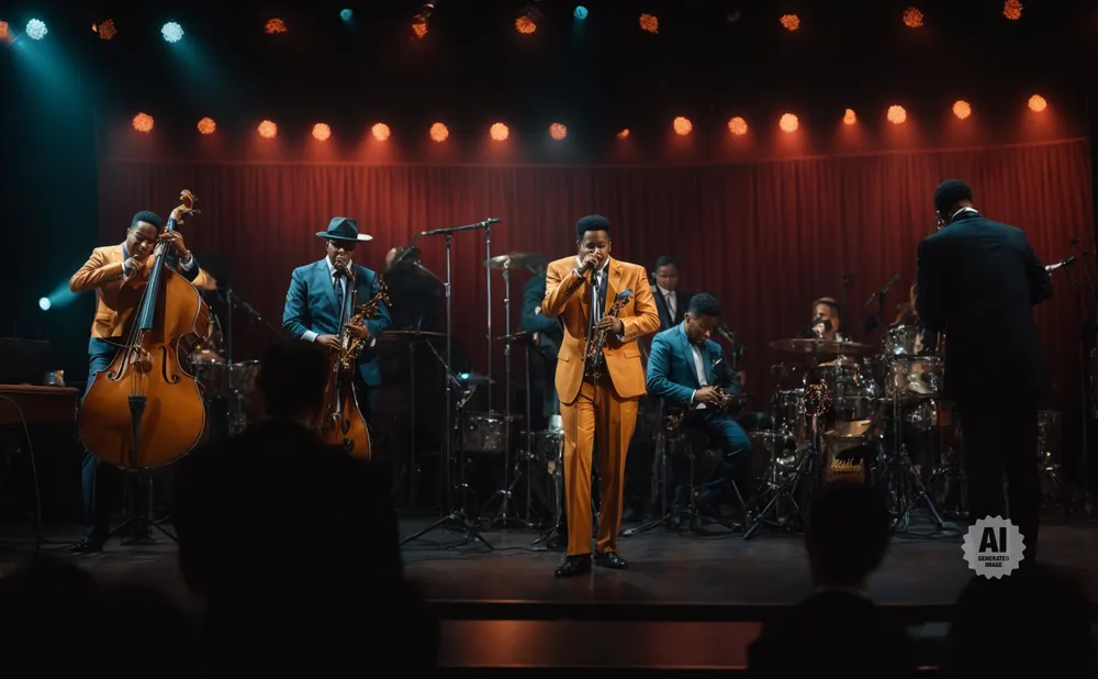 A jazz band performs on stage with singers and instrumentalists in stylish suits under warm lighting.