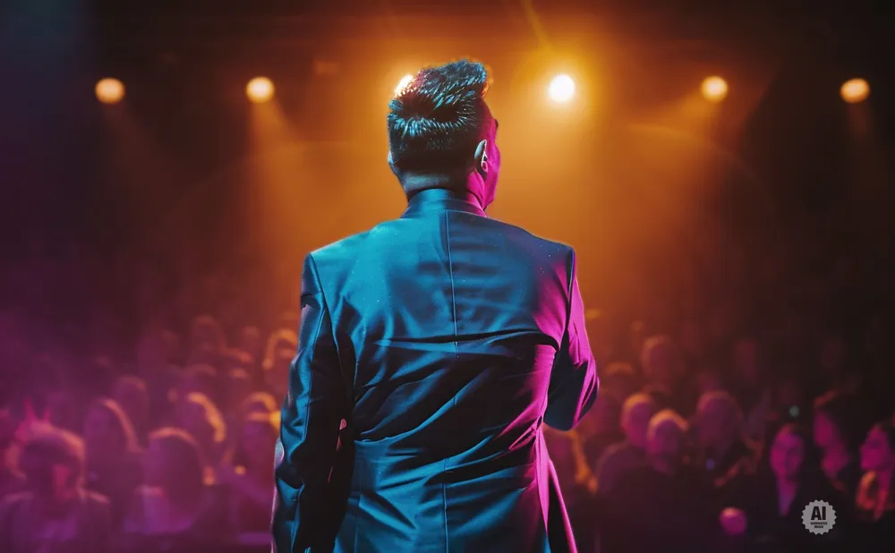 Man in a suit on stage with a cheering crowd and stage lights.