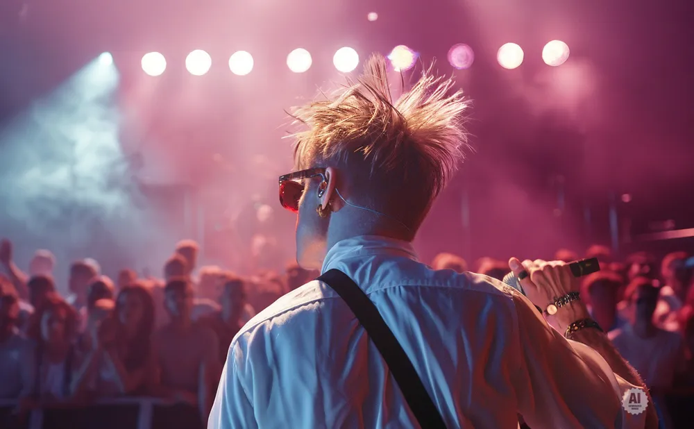 A musician with spiky blond hair and sunglasses on stage, performing for a crowd under pink stage lights.