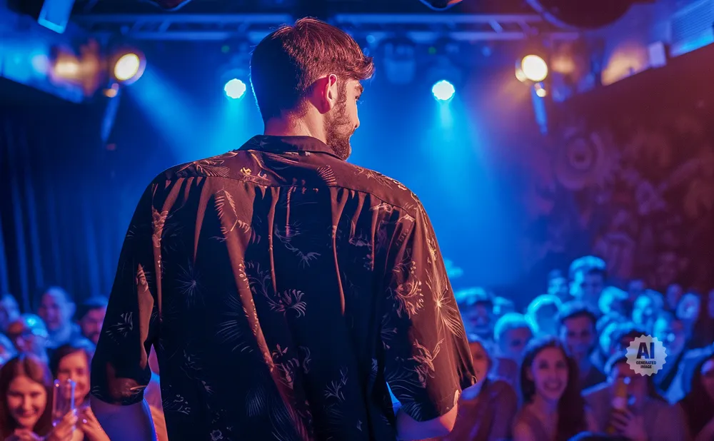 Man in patterned shirt on stage, facing away from camera, with audience in background under blue lights.