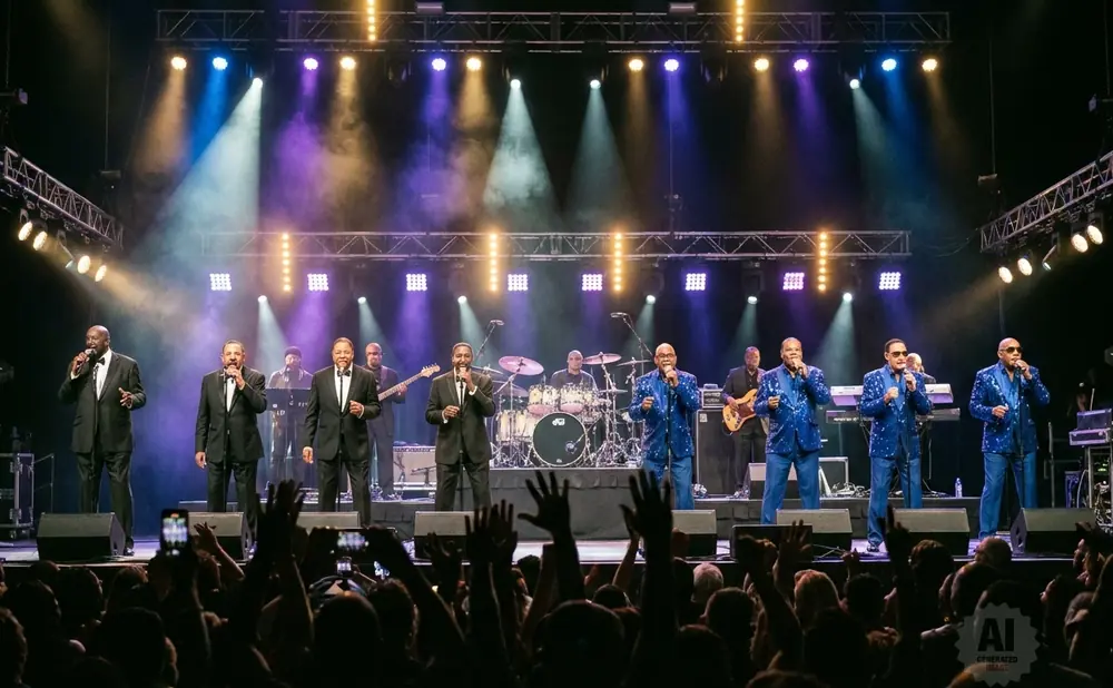Group of Black men in white suits and blue sequined jackets singing and smiling.