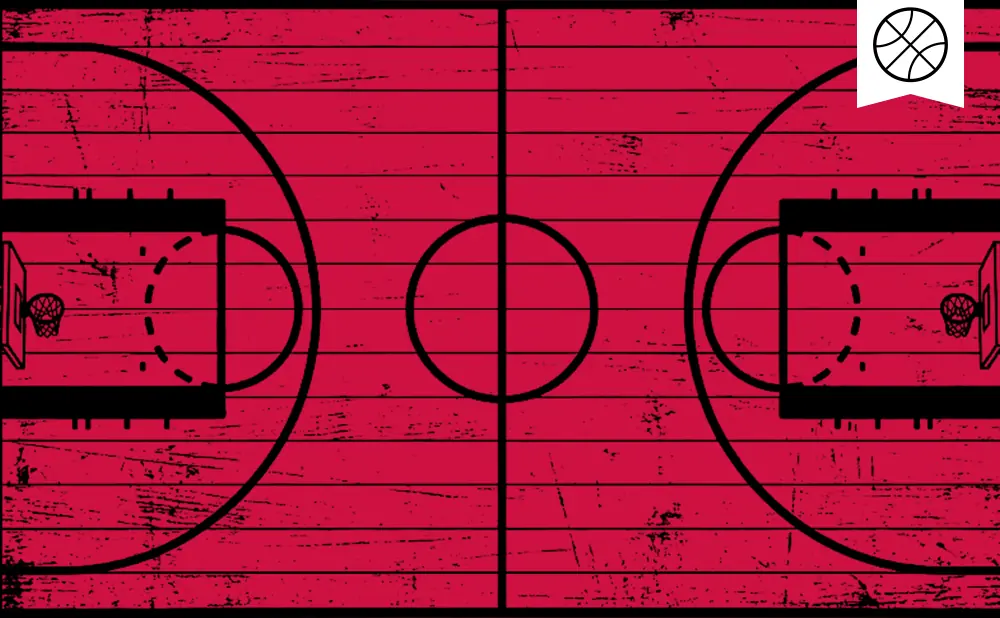 A basketball court on a distressed red wooden floor, with a basketball icon in a white banner.