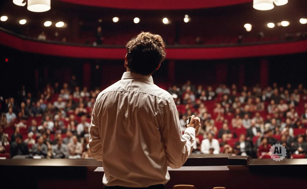 A person in a white shirt speaks to an audience from a stage.