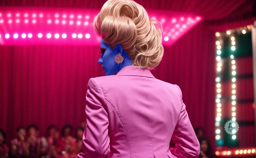 A person with blue skin and a blonde wig in a pink blazer faces away from the camera, with a blurred audience in the background.