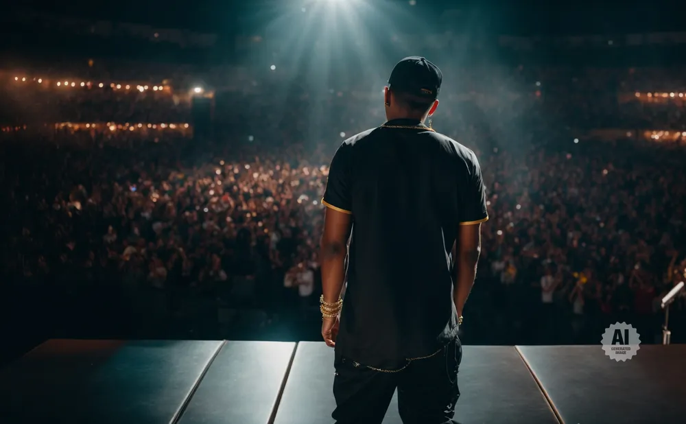 Rapper on stage facing a large crowd in a stadium.