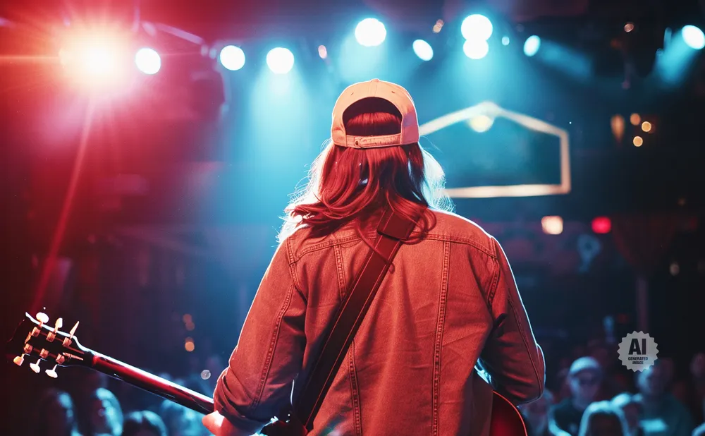 A person with long hair and a baseball cap plays guitar on stage, lit by red and blue lights.