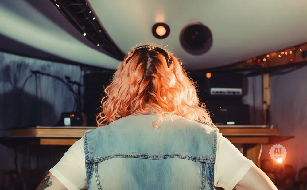 Person with orange hair, back to camera, wearing a denim vest over a white shirt.