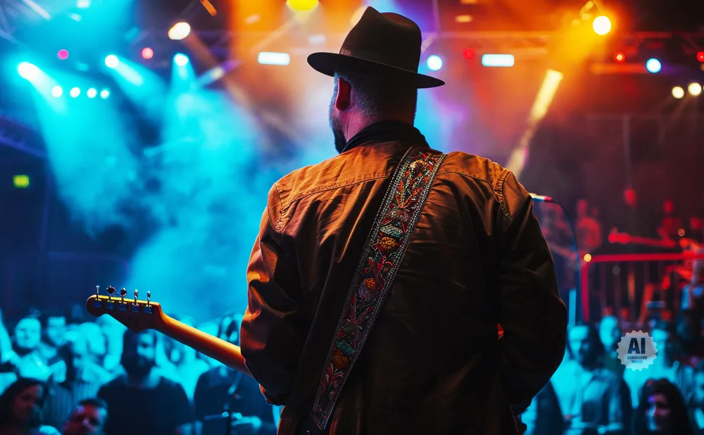 A musician wearing a hat and brown jacket plays guitar on a smoky stage with colorful lights.