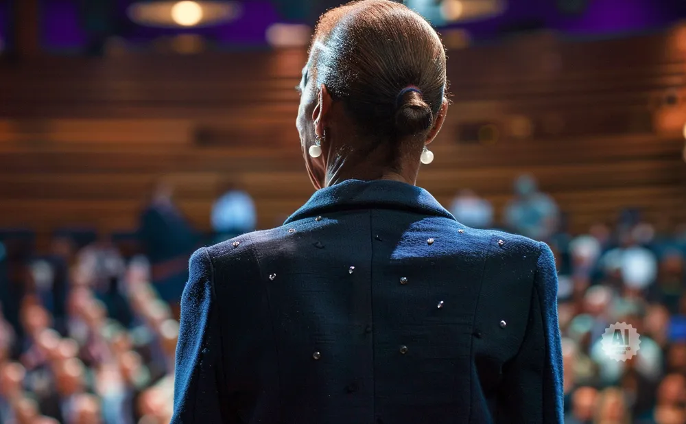 Back view of a woman in a dark suit with pearl earrings, facing an audience in a wood-paneled room.