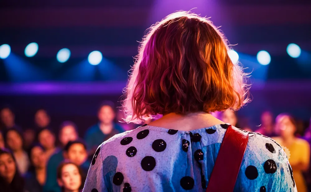 A person with short, wavy reddish-blonde hair plays guitar on stage, facing away from the camera.