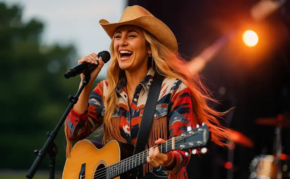 A blonde woman in a cowboy hat and fringed shirt sings into a microphone while playing an acoustic guitar.