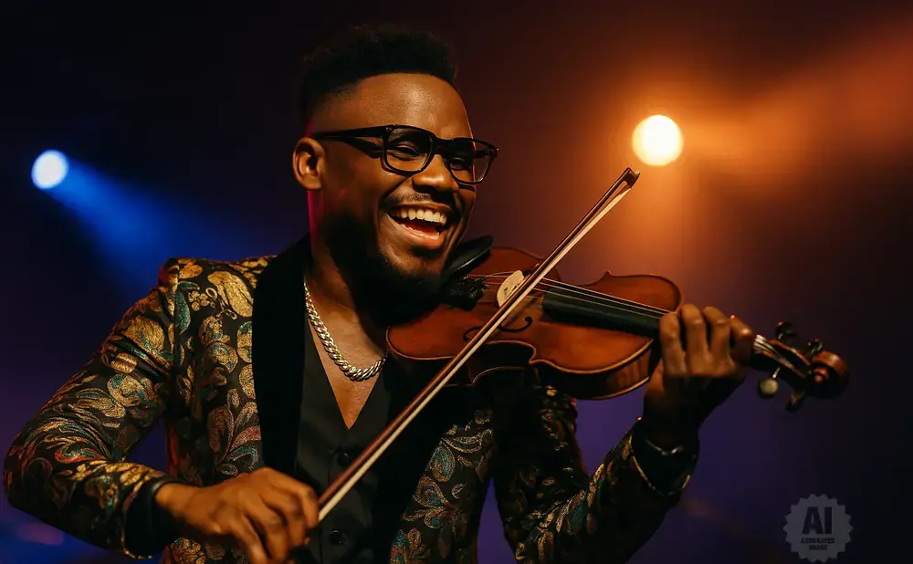 A Black man in a patterned jacket plays the violin with a broad smile, under warm stage lights.