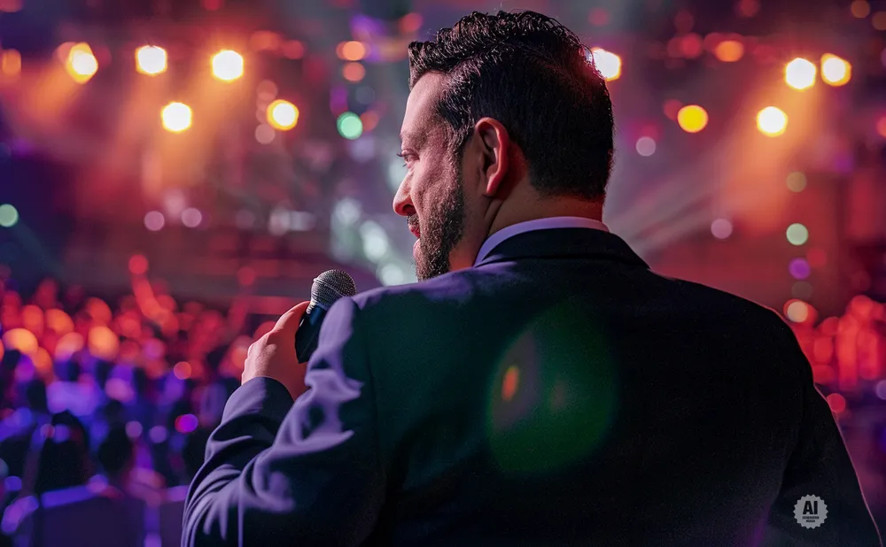 Man in a suit holds a microphone on a stage, facing a blurred audience with bright lights.