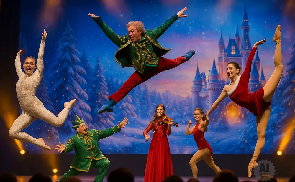 A troupe of dancers in festive attire perform on stage with a winter castle backdrop.