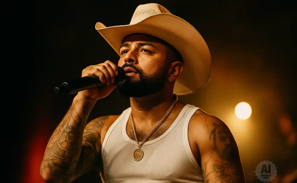 Man in a cowboy hat and white tank top sings into a microphone, with tattoos on his arms and a gold chain.