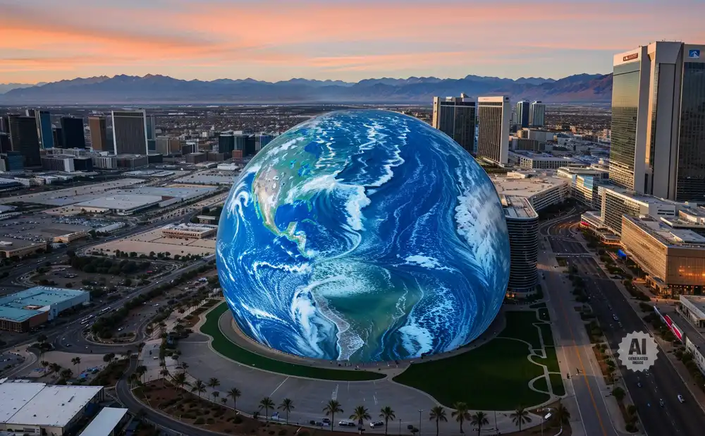 Giant Earth replica floats over a city skyline at sunset.