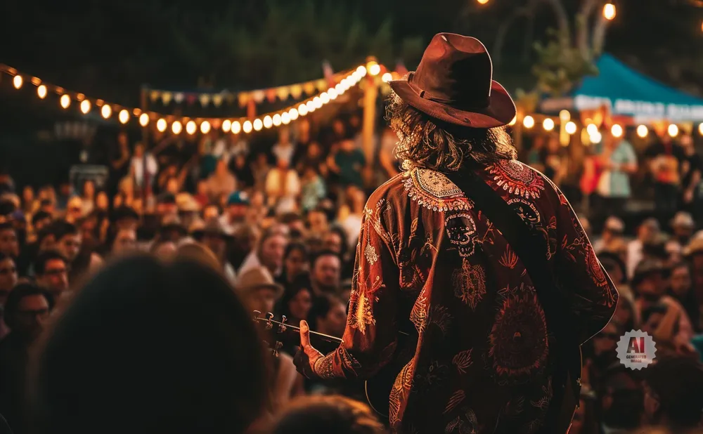 Musician in a hat and patterned shirt plays guitar for a crowd at a night festival with string lights.