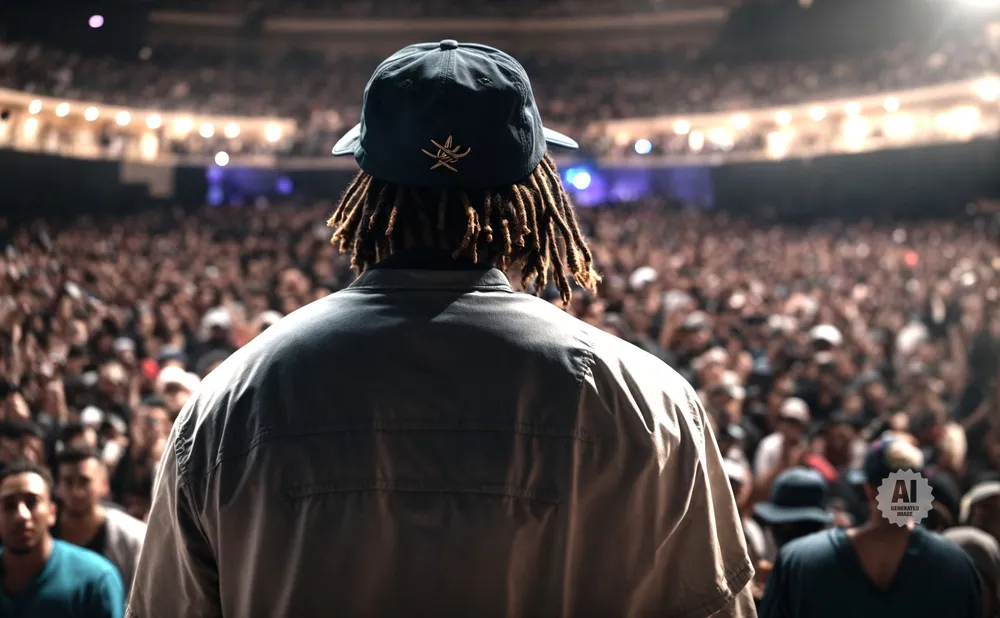 A person with dreadlocks wearing a baseball cap stands facing a large, cheering crowd at an event.