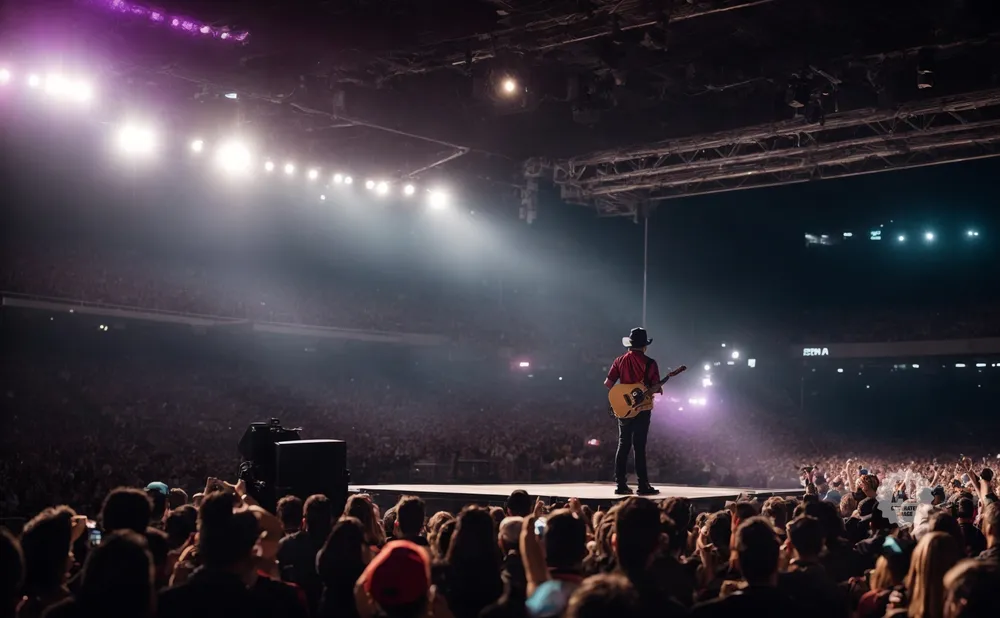 A musician in a hat plays guitar on stage in a packed stadium, facing a cheering crowd.